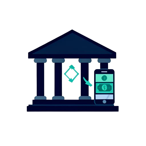 A bank building and a phone exchanging money