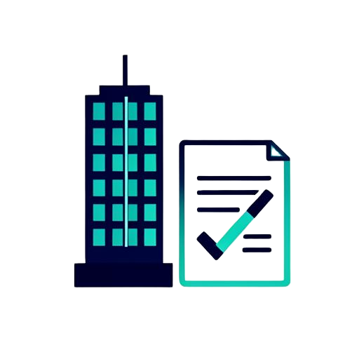 An office tower beside an approved purchase order document