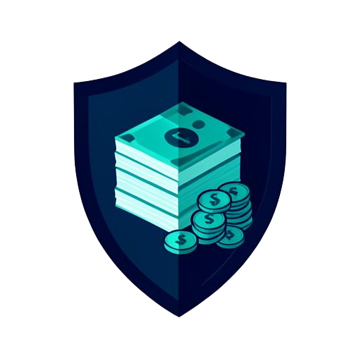 A shield protecting a stack of banknotes and coins